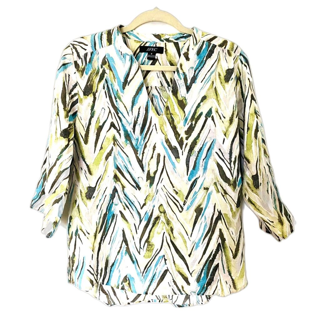 Avec Linen Muticolor V Neck 3/4 Roll Up Sleeve Top Blouse Resortwear Abstract M